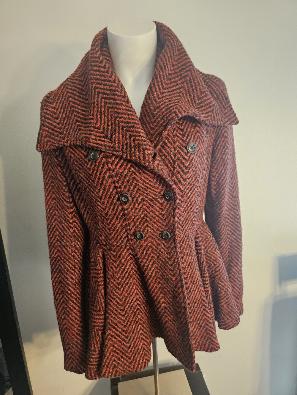 Free People Womens Double-Breasted Orange/Brown Herringbone Wool Blend Coat